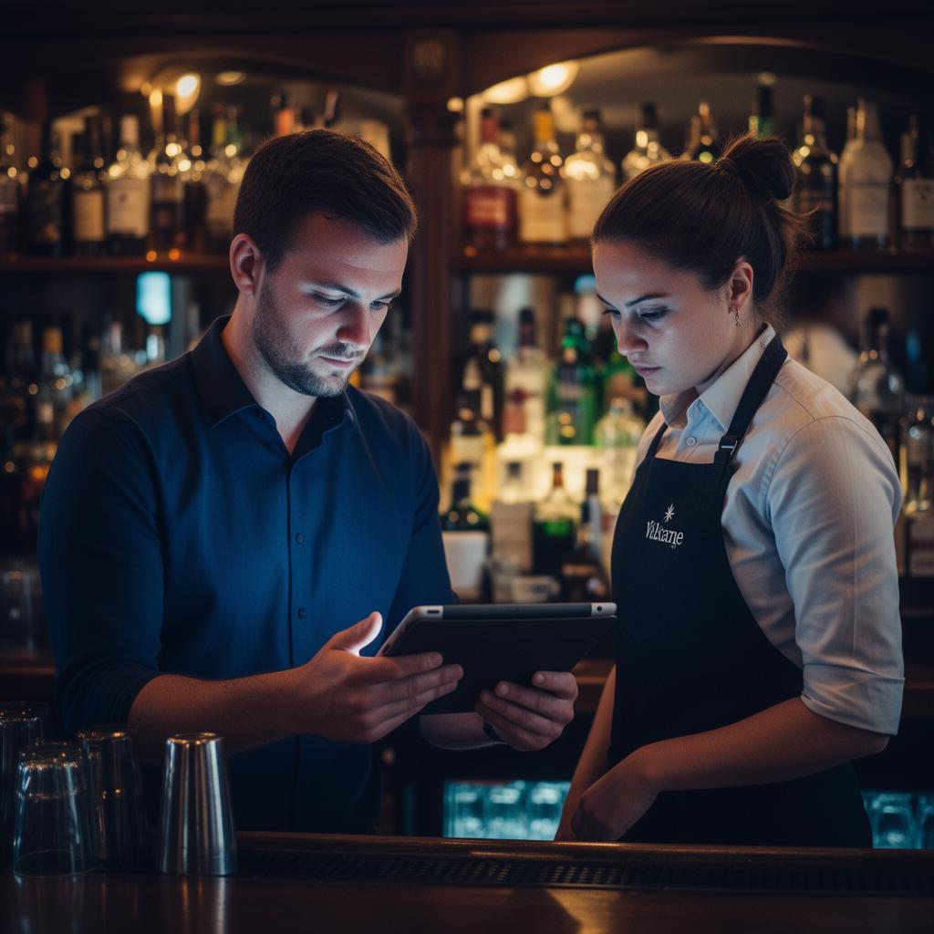 Pub manager and server reviewing a tablet behind the bar